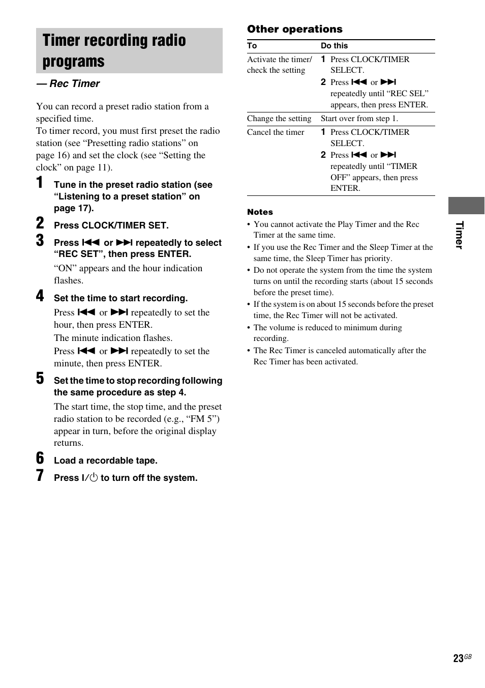 Timer recording radio programs, Rec timer | Sony CMT-GPZ7 User Manual | Page 23 / 40