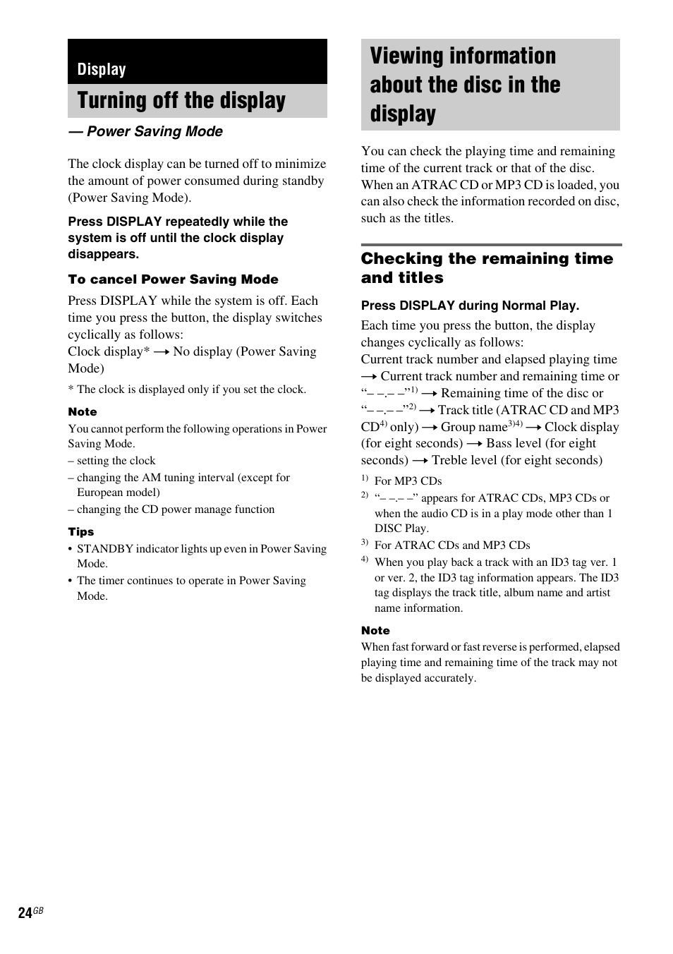 Display, Turning off the display, Power saving mode | Viewing information about the disc in the display, Viewing information about the disc, In the display, Checking the remaining time and titles | Sony CMT-GPZ7 User Manual | Page 24 / 40
