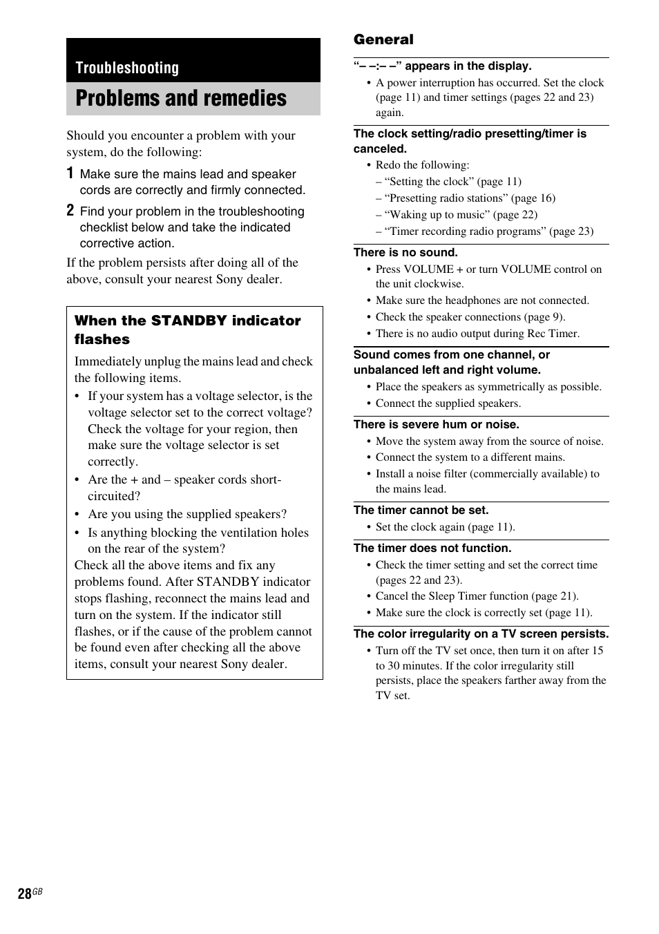 Troubleshooting, Problems and remedies | Sony CMT-GPZ7 User Manual | Page 28 / 40