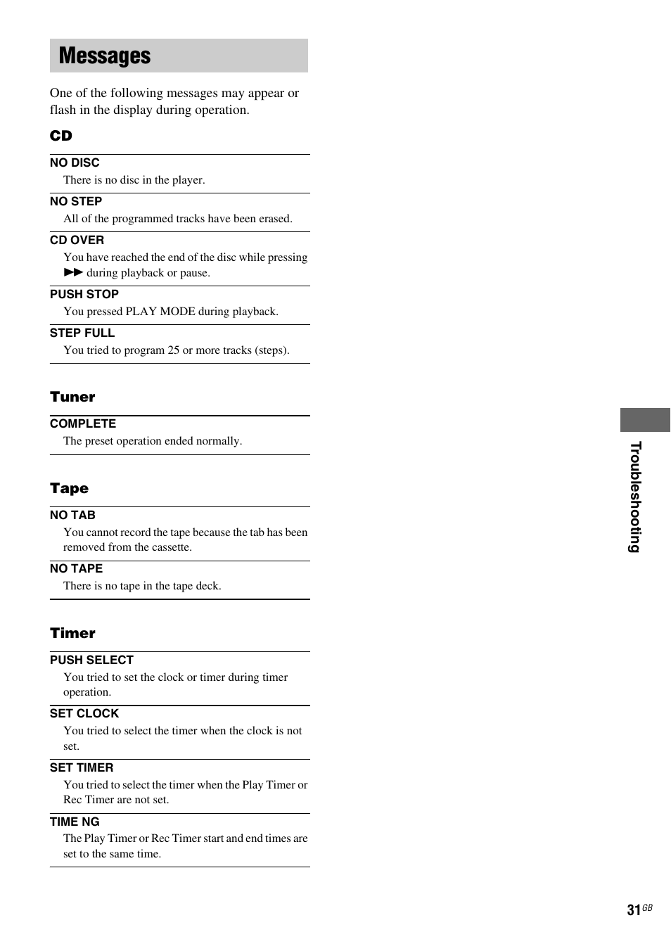 Messages | Sony CMT-GPZ7 User Manual | Page 31 / 40