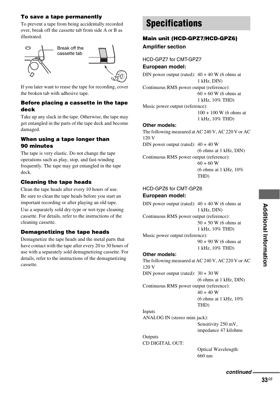 Specifications | Sony CMT-GPZ7 User Manual | Page 33 / 40