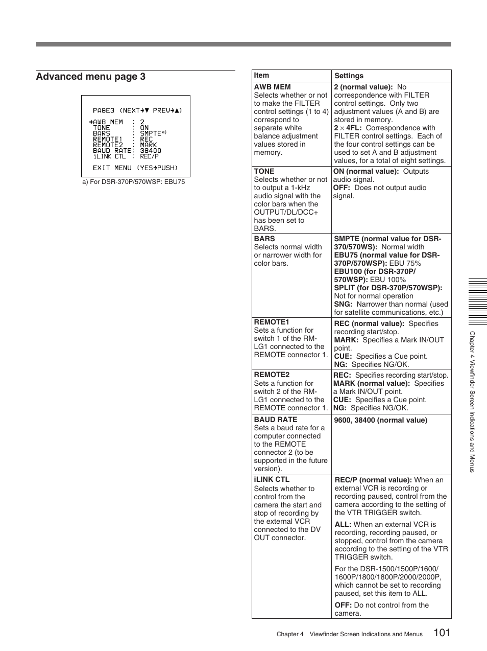 Advanced menu page 3 | Sony 370PL User Manual | Page 101 / 160