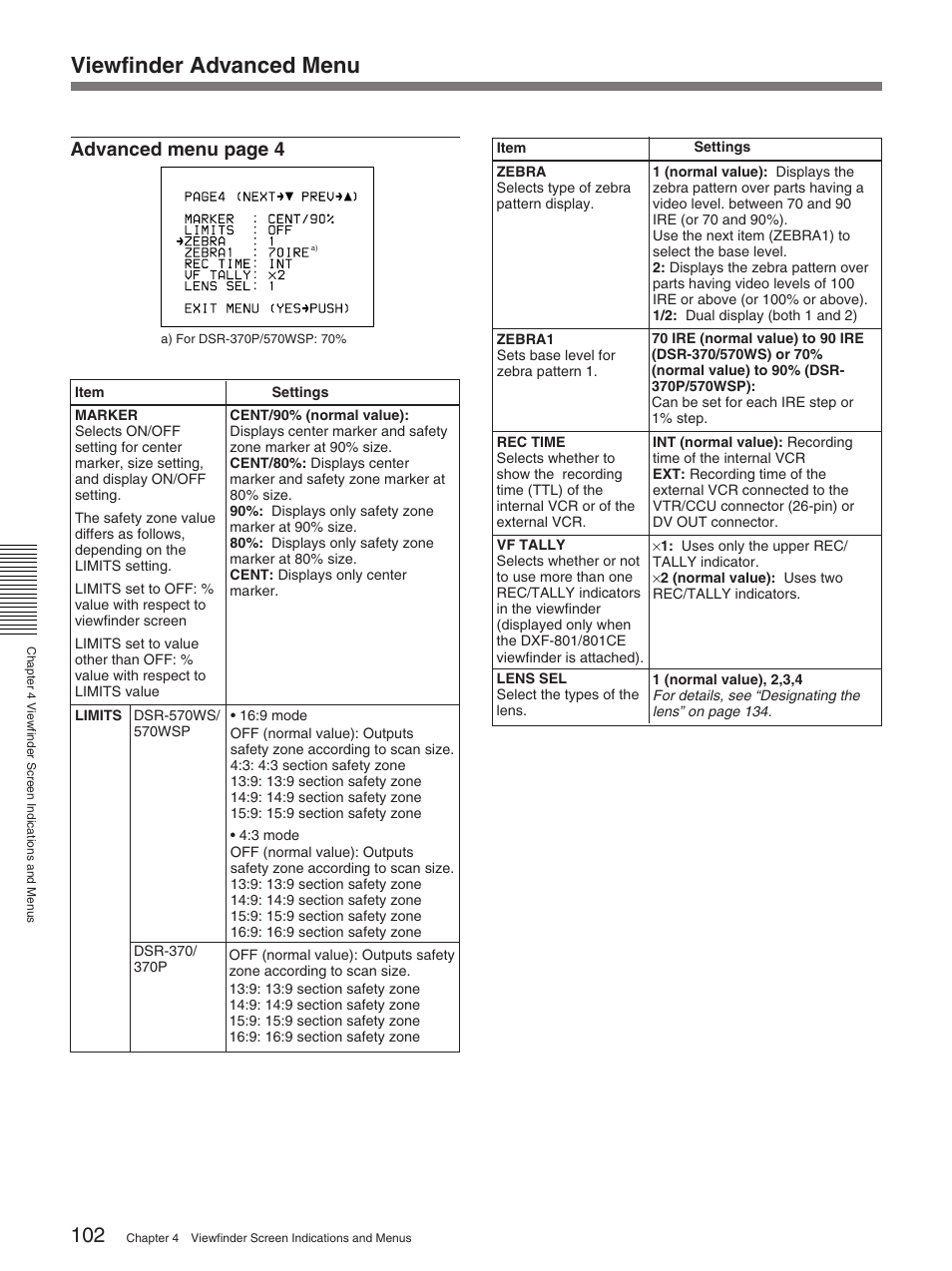 Viewfinder advanced menu, Advanced menu page 4 | Sony 370PL User Manual | Page 102 / 160