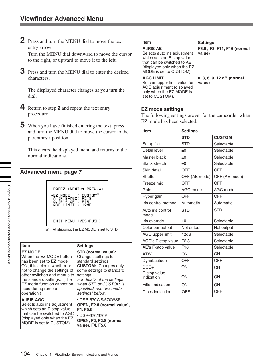 Viewfinder advanced menu, Advanced menu page 7 | Sony 370PL User Manual | Page 104 / 160