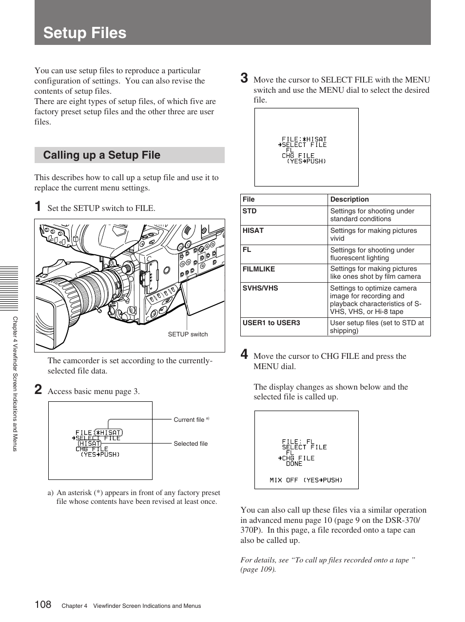 Setup files, Calling up a setup file | Sony 370PL User Manual | Page 108 / 160