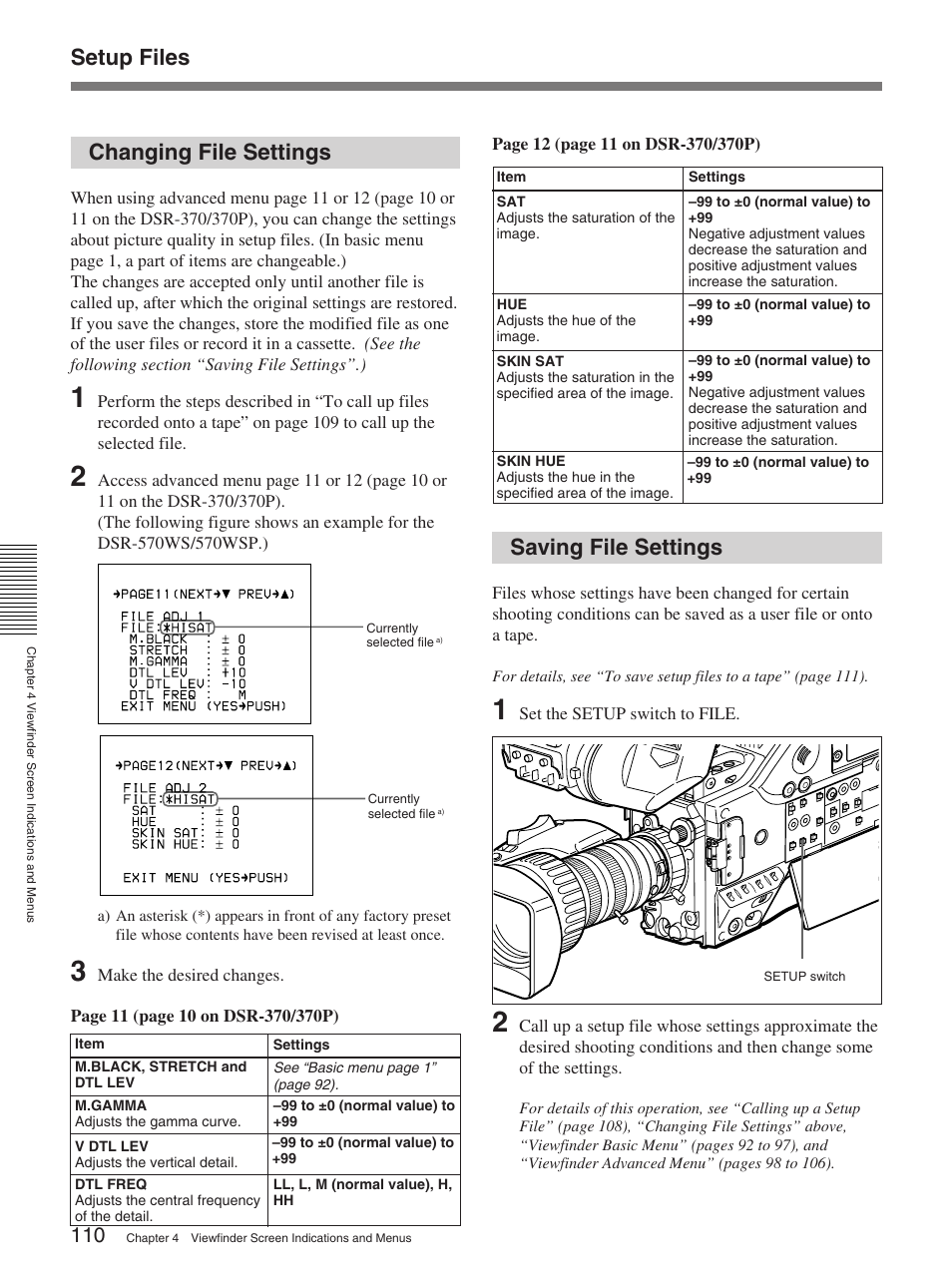 Changing file settings, Saving file settings, Setup files changing file settings | Sony 370PL User Manual | Page 110 / 160