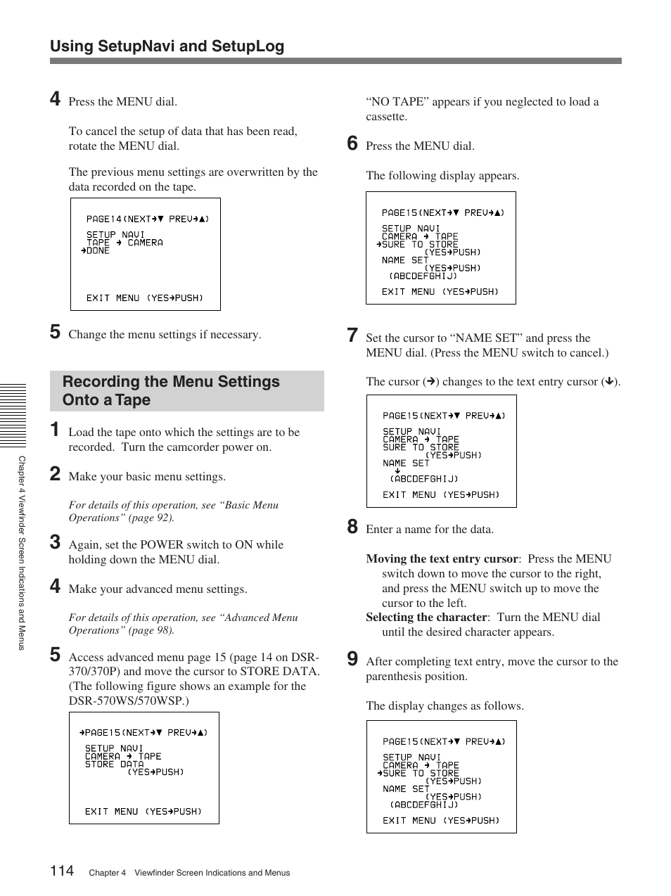 Recording the menu settings onto a tape | Sony 370PL User Manual | Page 114 / 160