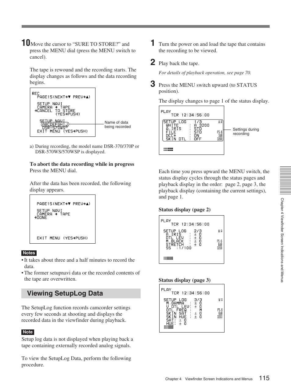 Viewing setuplog data | Sony 370PL User Manual | Page 115 / 160