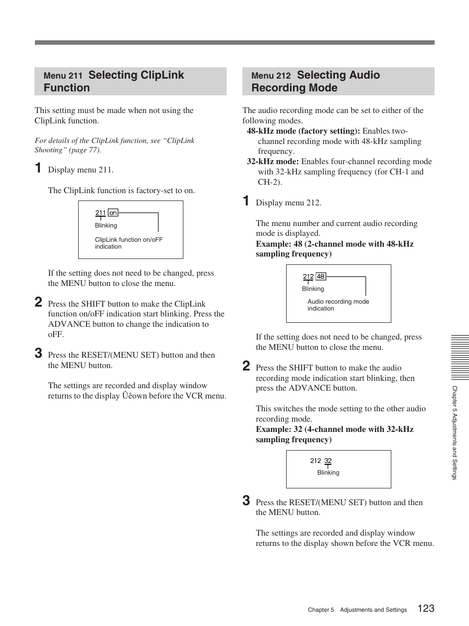 Menu 211 selecting cliplink function, Menu 212 selecting audio recording mode, Selecting audio recording mode | Selecting cliplink function | Sony 370PL User Manual | Page 123 / 160