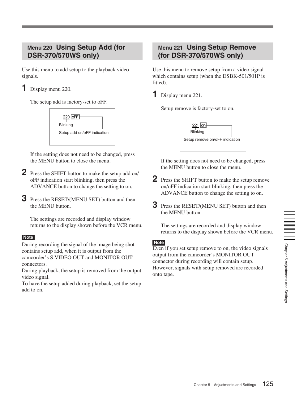 Menu 220 using setup add (for dsr-370/570ws only) | Sony 370PL User Manual | Page 125 / 160