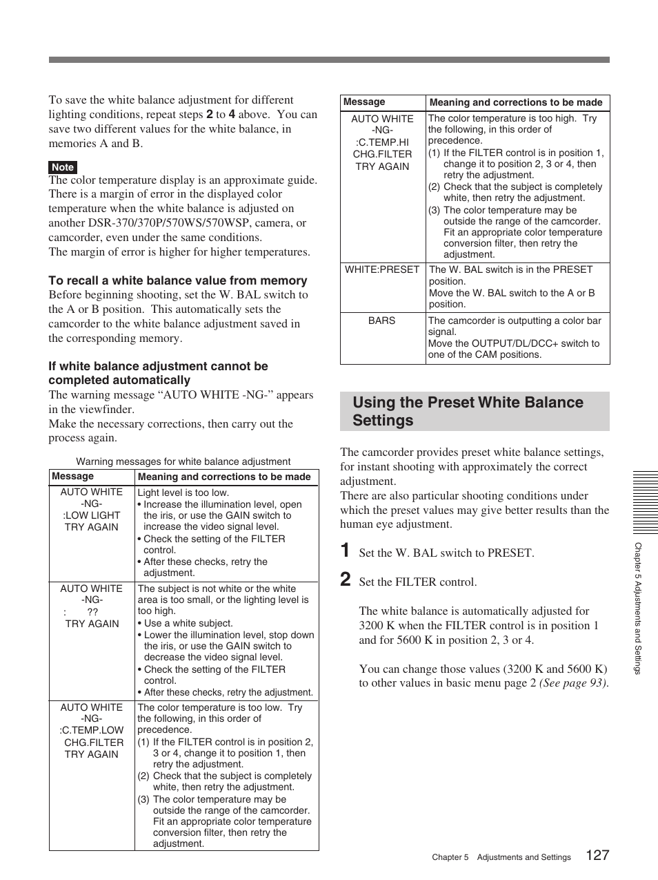 Using the preset white balance settings | Sony 370PL User Manual | Page 127 / 160