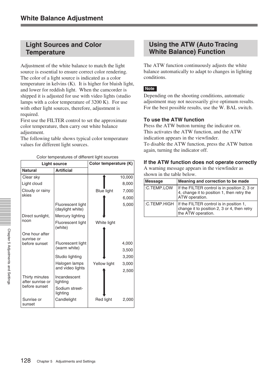 Light sources and color temperature, White balance adjustment | Sony 370PL User Manual | Page 128 / 160