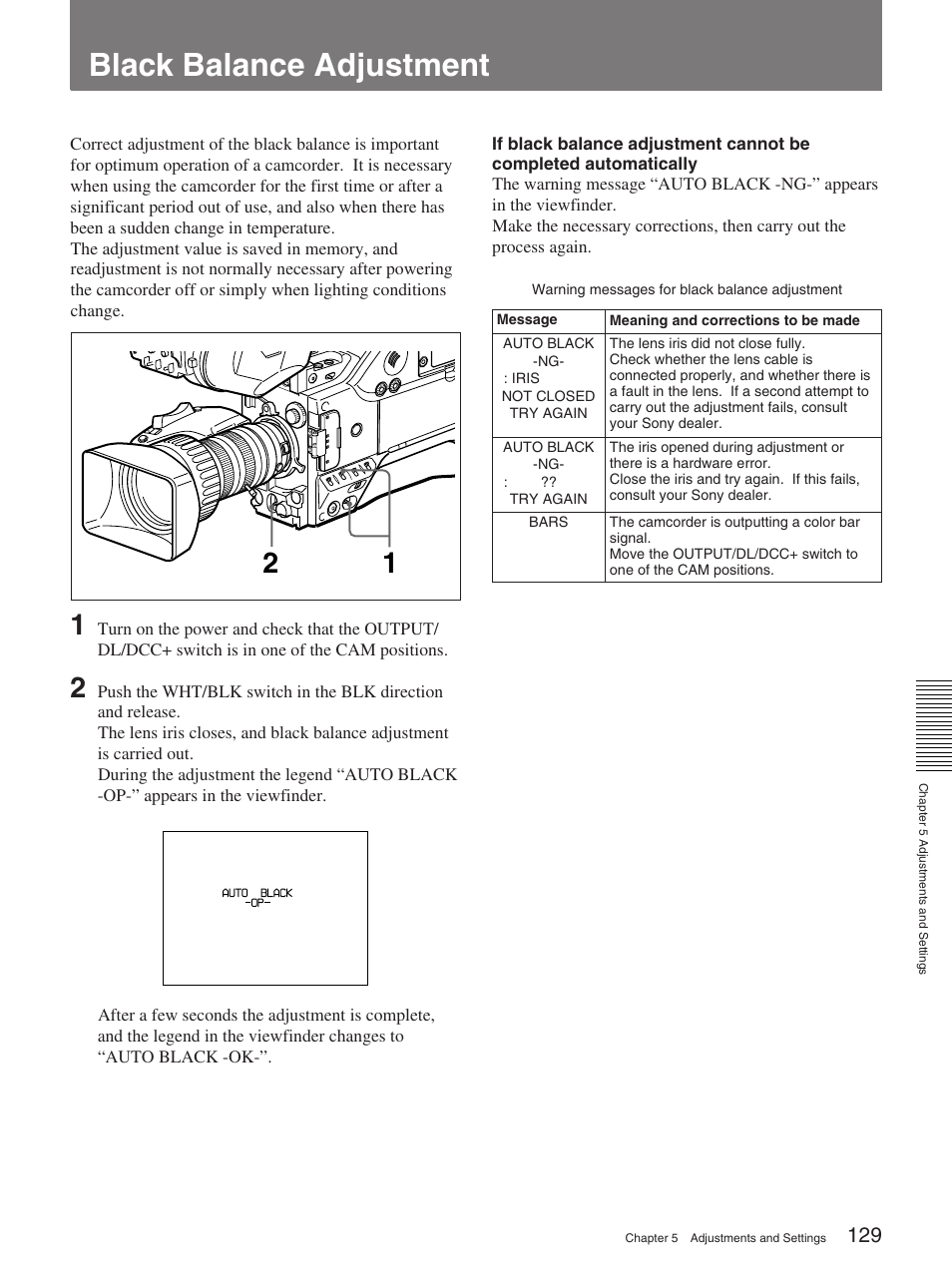 Black balance adjustment | Sony 370PL User Manual | Page 129 / 160