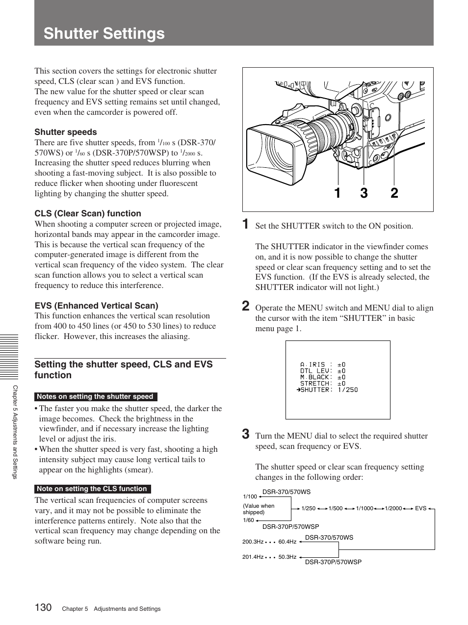 Shutter settings | Sony 370PL User Manual | Page 130 / 160