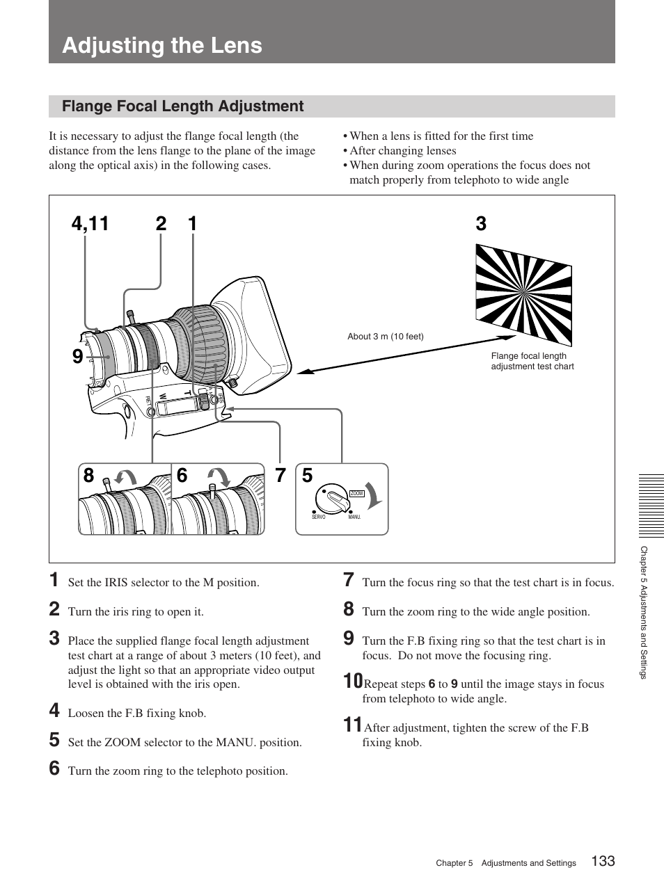 Adjusting the lens, Flange focal length adjustment | Sony 370PL User Manual | Page 133 / 160