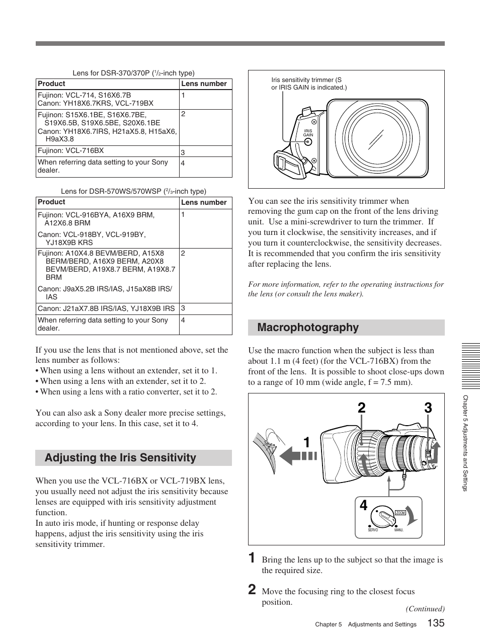 Adjusting the iris sensitivity, Macrophotography | Sony 370PL User Manual | Page 135 / 160