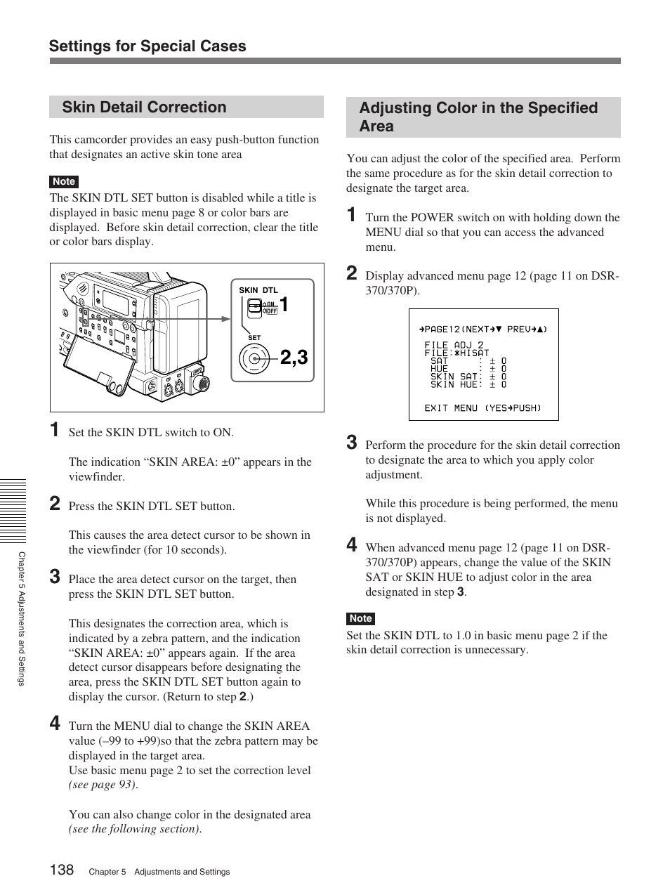 Skin detail correction, Adjusting color in the specified area | Sony 370PL User Manual | Page 138 / 160