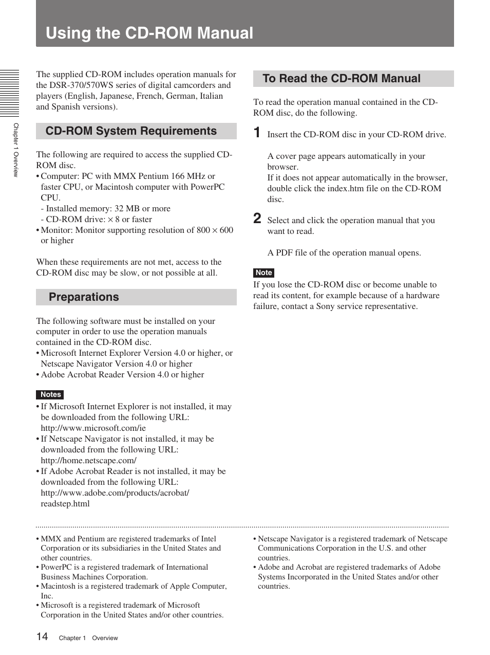 Using the cd-rom manual, Cd-rom system requirements, Preparations | To read the cd-rom manual, Location and function of parts | Sony 370PL User Manual | Page 14 / 160