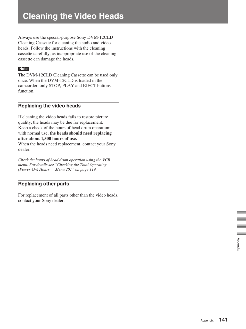 Cleaning the video heads | Sony 370PL User Manual | Page 141 / 160