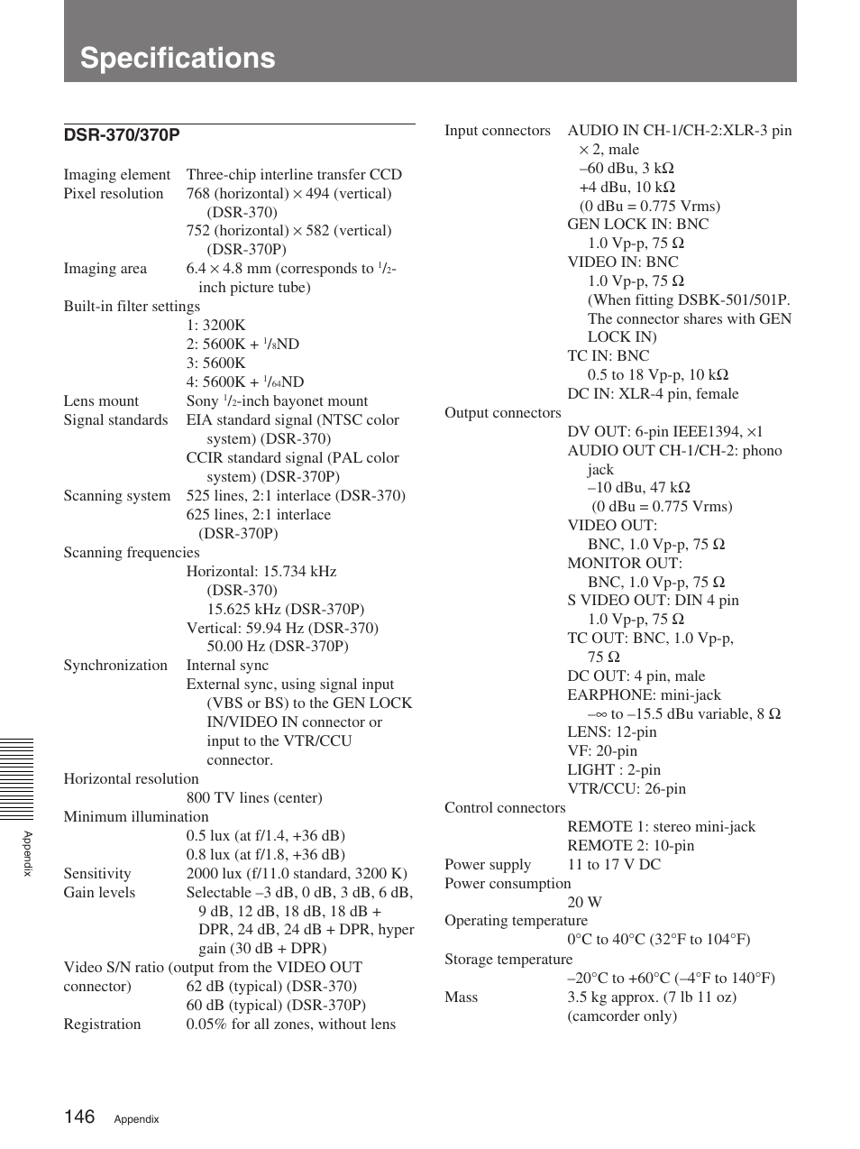 Specifications | Sony 370PL User Manual | Page 146 / 160