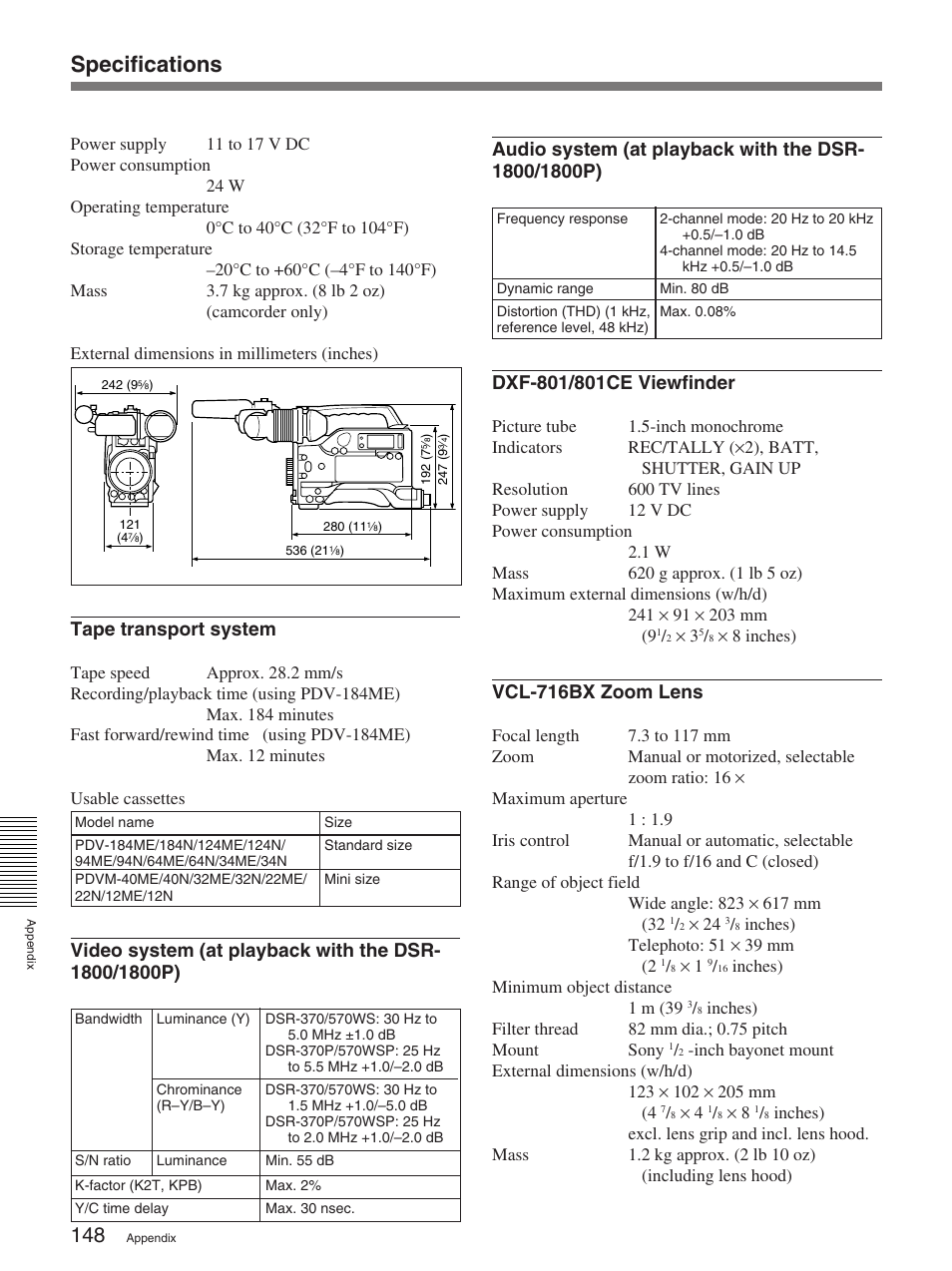 Specifications, Tape transport system, Vcl-716bx zoom lens | Sony 370PL User Manual | Page 148 / 160