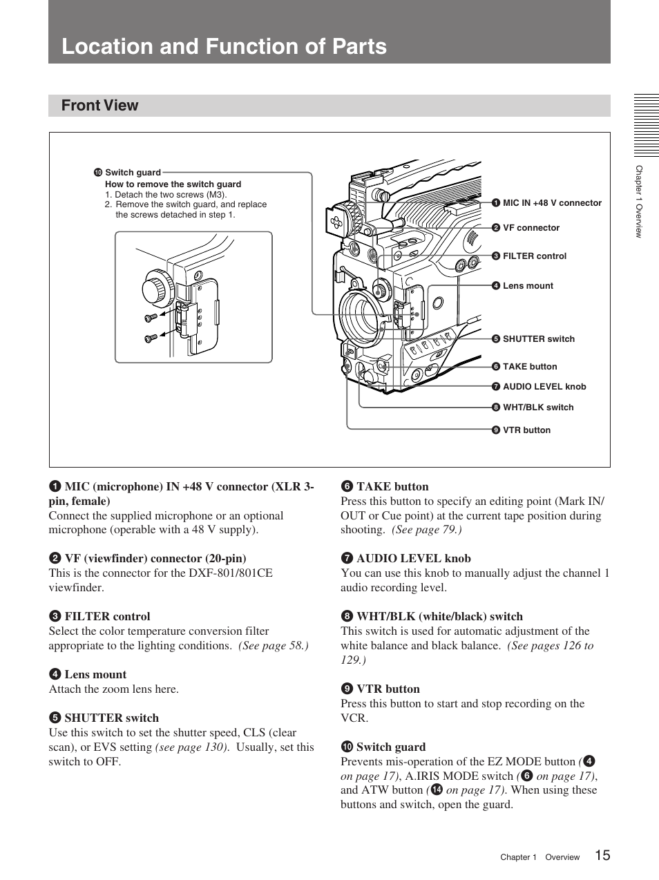 Location and function of parts, Front view | Sony 370PL User Manual | Page 15 / 160