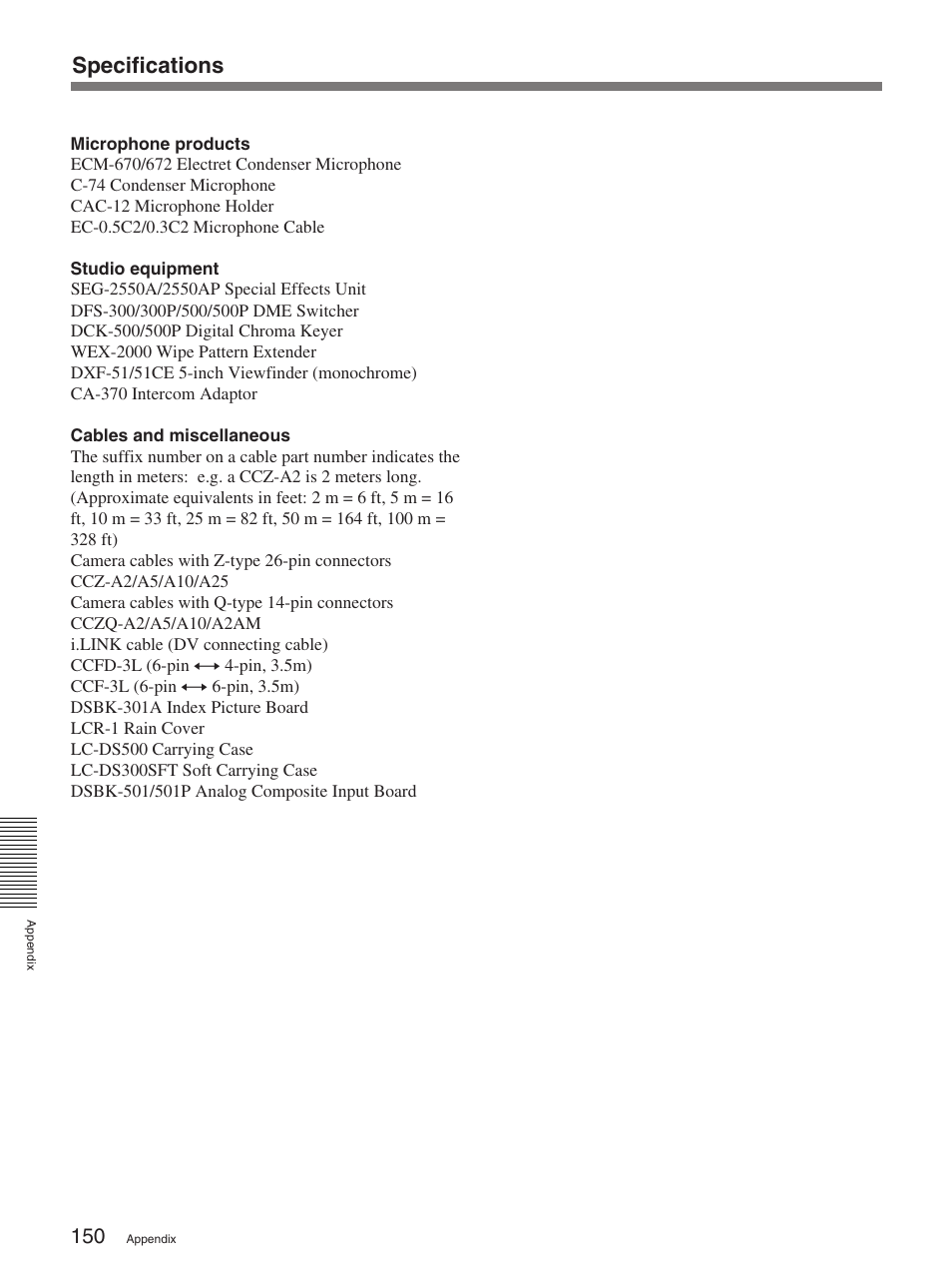 Specifications | Sony 370PL User Manual | Page 150 / 160