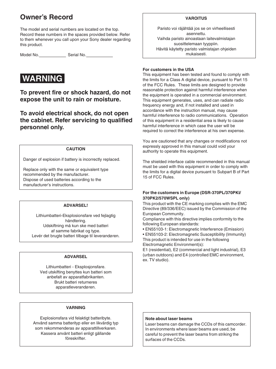 Warning, Owner’s record | Sony 370PL User Manual | Page 2 / 160