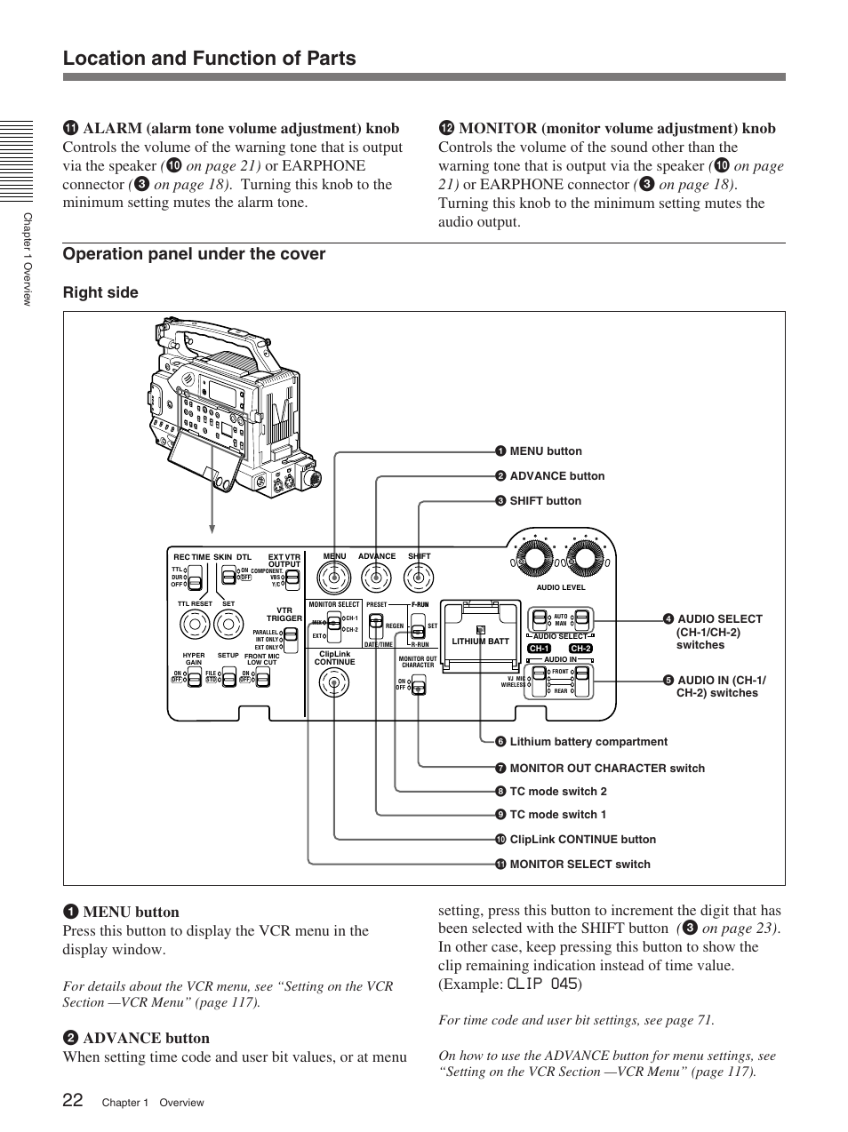 Location and function of parts, Operation panel under the cover, Right side | Sony 370PL User Manual | Page 22 / 160