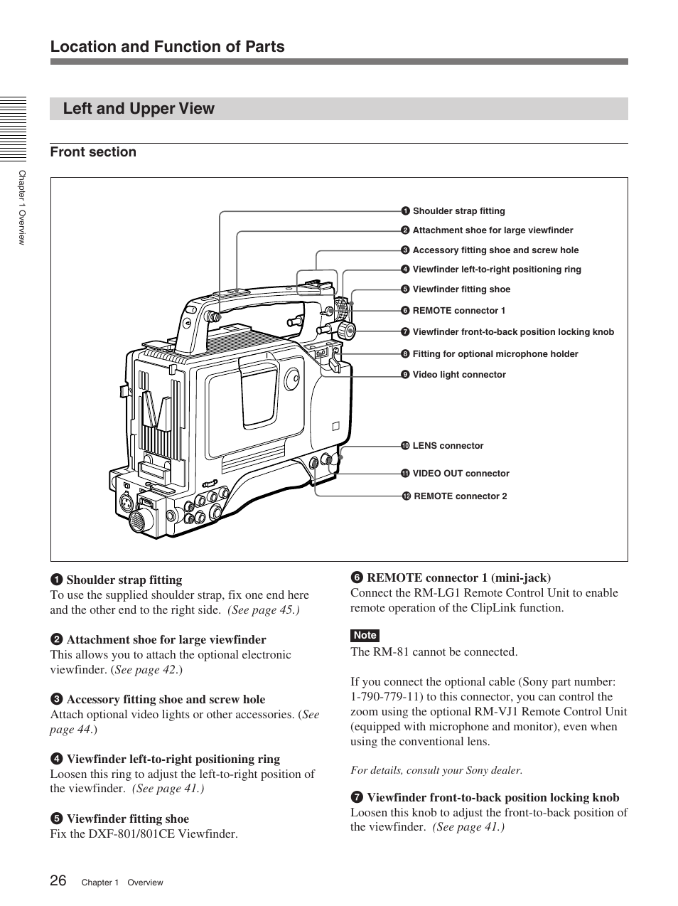 Left and upper view, Location and function of parts left and upper view | Sony 370PL User Manual | Page 26 / 160