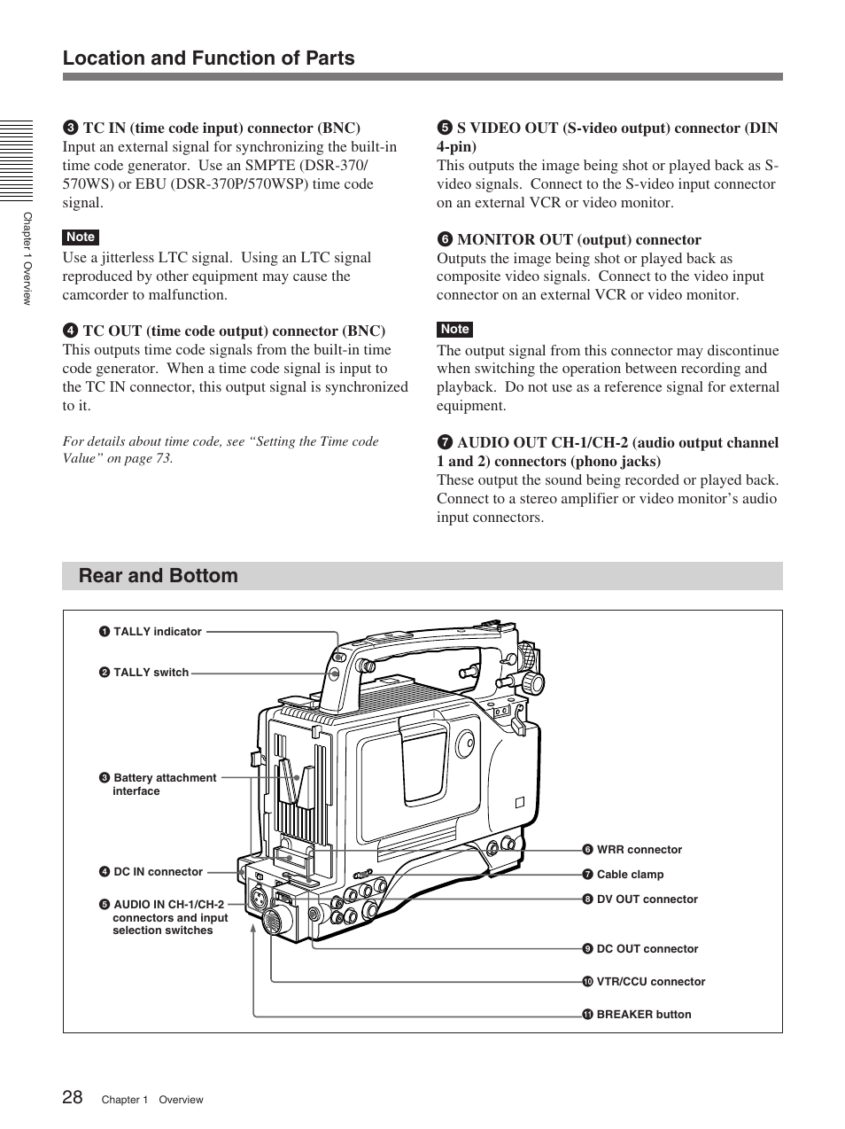 Rear and bottom, Location and function of parts rear and bottom | Sony 370PL User Manual | Page 28 / 160