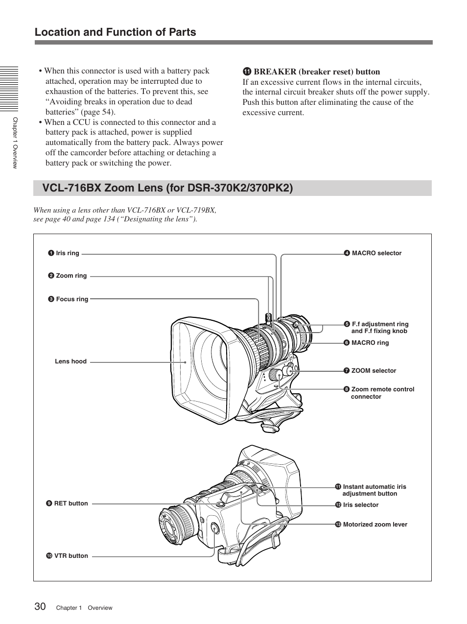 Vcl-716bx zoom lens (for dsr-370k2/370pk2) | Sony 370PL User Manual | Page 30 / 160