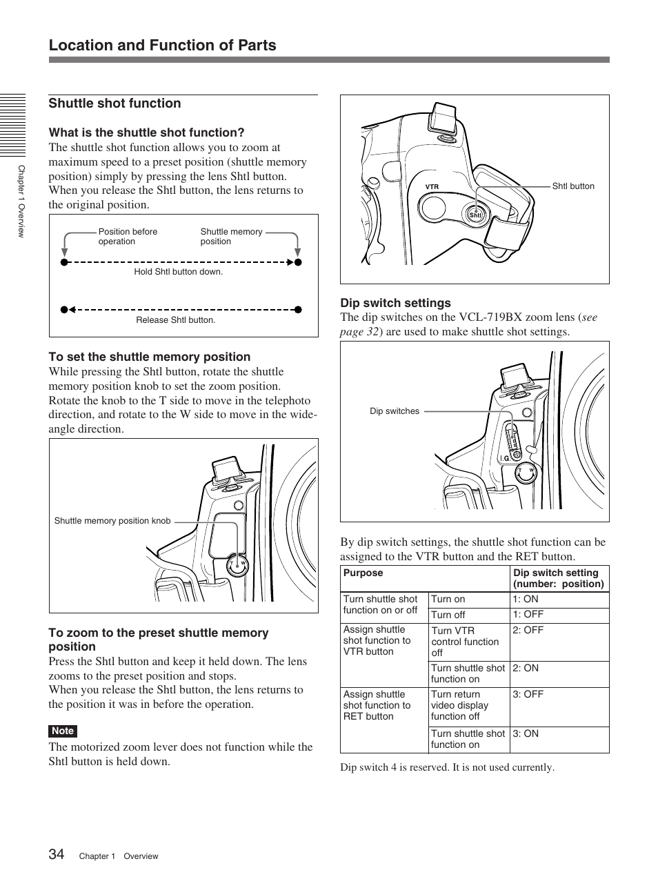 Location and function of parts, Shuttle shot function | Sony 370PL User Manual | Page 34 / 160