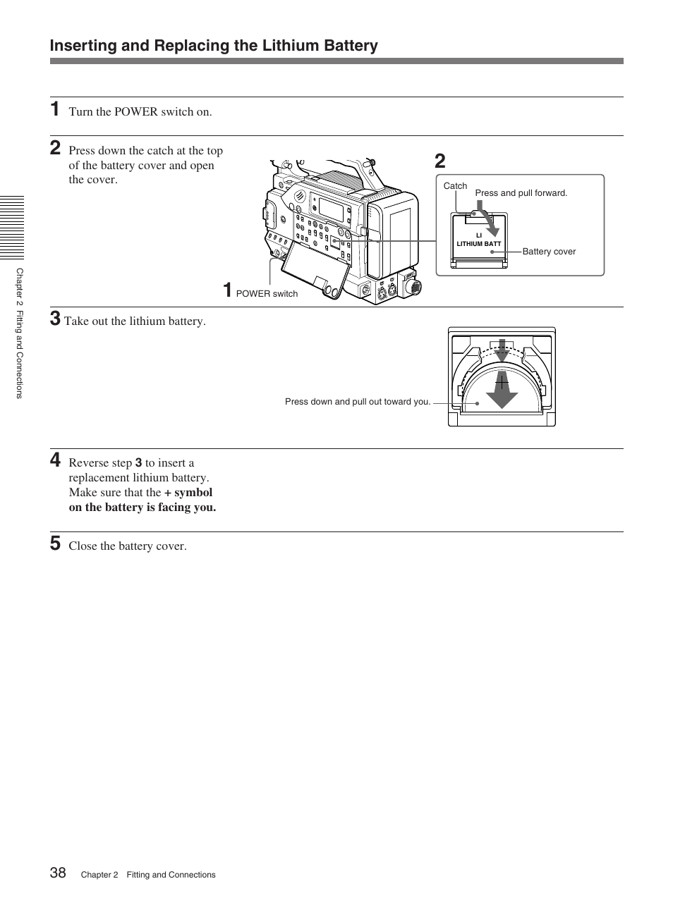 Inserting and replacing the lithium battery | Sony 370PL User Manual | Page 38 / 160