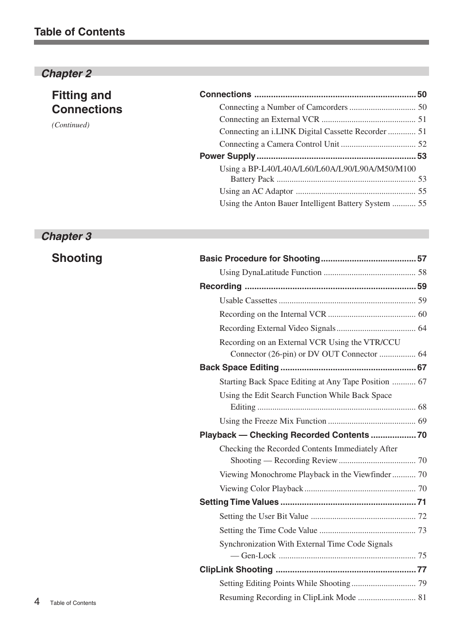 Shooting, Fitting and connections, Table of contents chapter 3 | Chapter 2 | Sony 370PL User Manual | Page 4 / 160