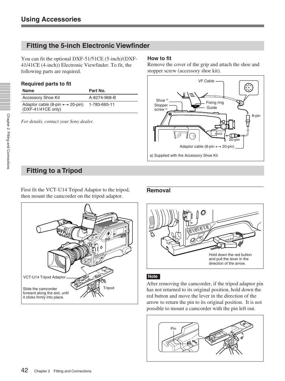 Fitting the 5-inch electronic viewfinder, Fitting to a tripod, Removal | Sony 370PL User Manual | Page 42 / 160