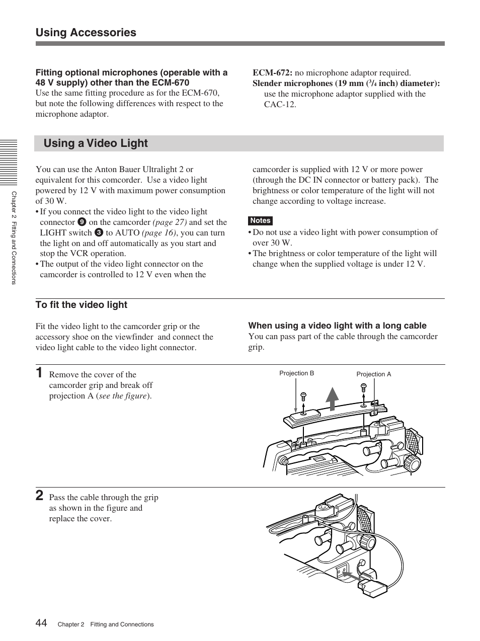 Using a video light, Using accessories | Sony 370PL User Manual | Page 44 / 160