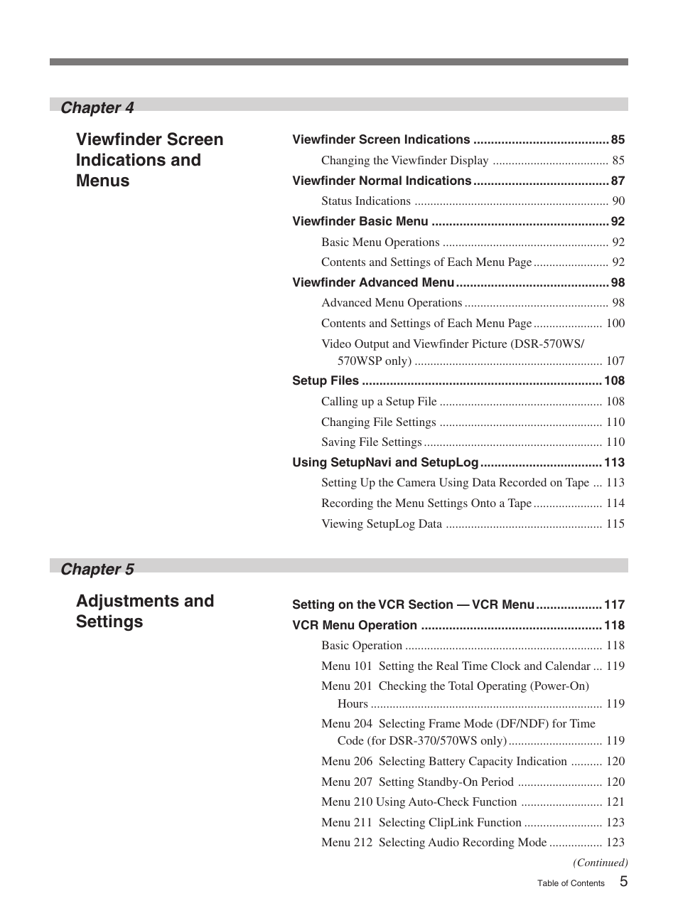 Adjustments and settings, Viewfinder screen indications and menus, Chapter 5 | Chapter 4 | Sony 370PL User Manual | Page 5 / 160