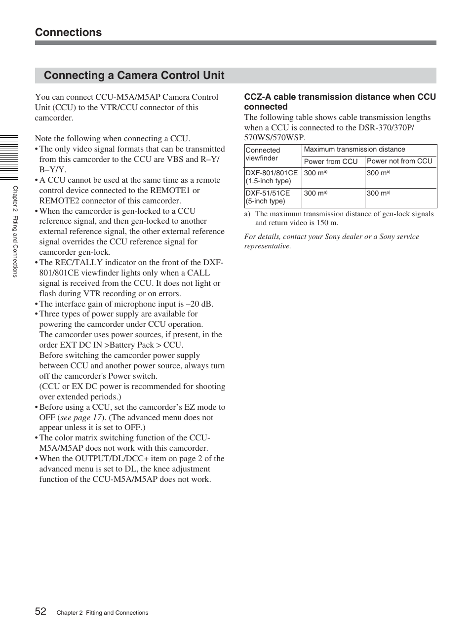 Connecting a camera control unit, Connections | Sony 370PL User Manual | Page 52 / 160