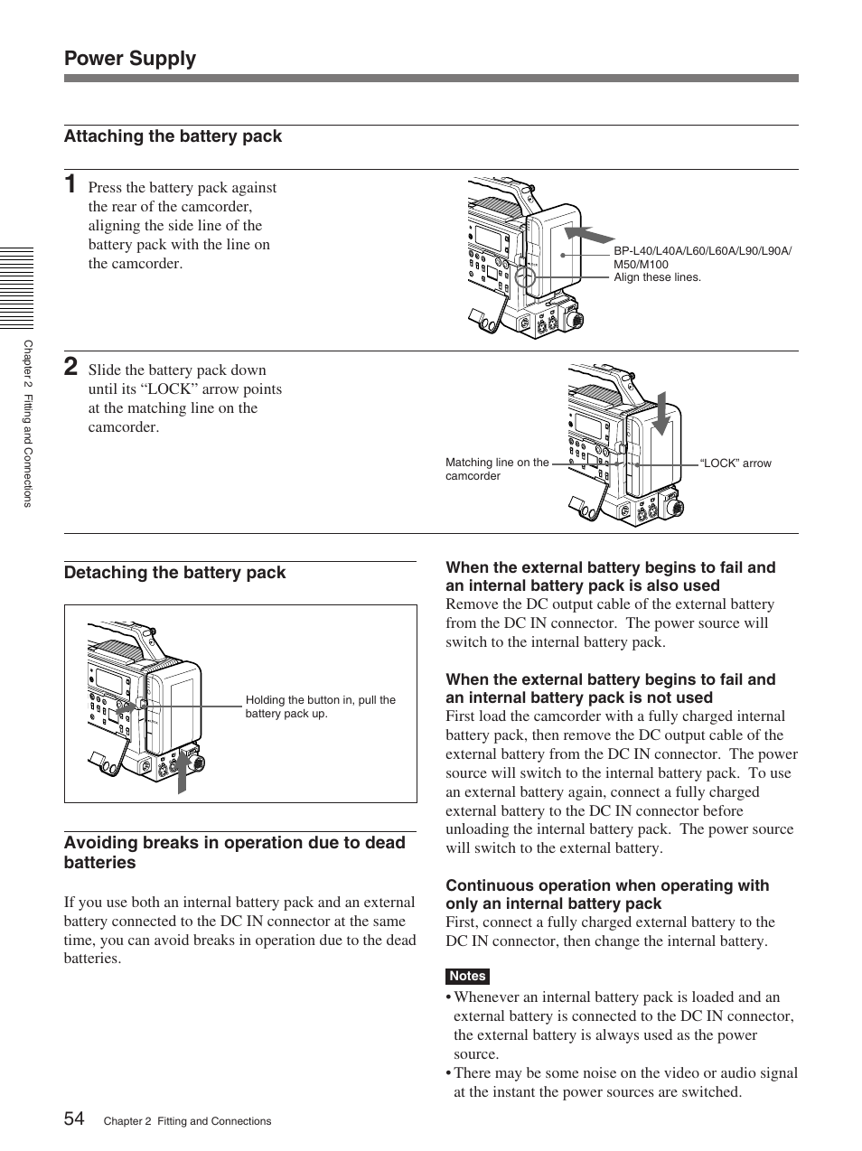 Power supply, Attaching the battery pack | Sony 370PL User Manual | Page 54 / 160