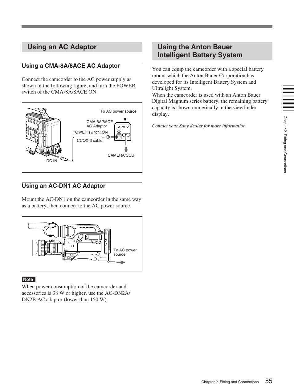 Using an ac adaptor, Using the anton bauer intelligent battery system, Using a cma-8a/8ace ac adaptor | Using an ac-dn1 ac adaptor | Sony 370PL User Manual | Page 55 / 160