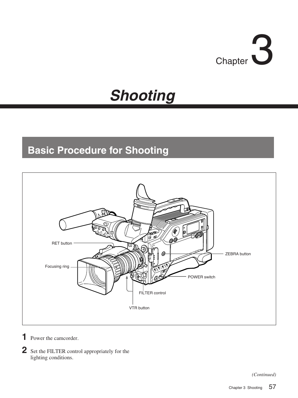 Chapter 3 shooting, Basic procedure for shooting, Shooting | Sony 370PL User Manual | Page 57 / 160