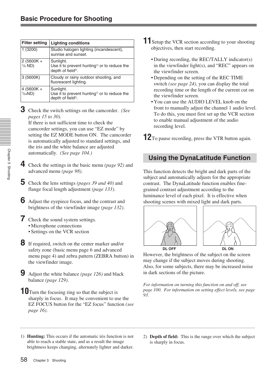 Using the dynalatitude function, Basic procedure for shooting | Sony 370PL User Manual | Page 58 / 160