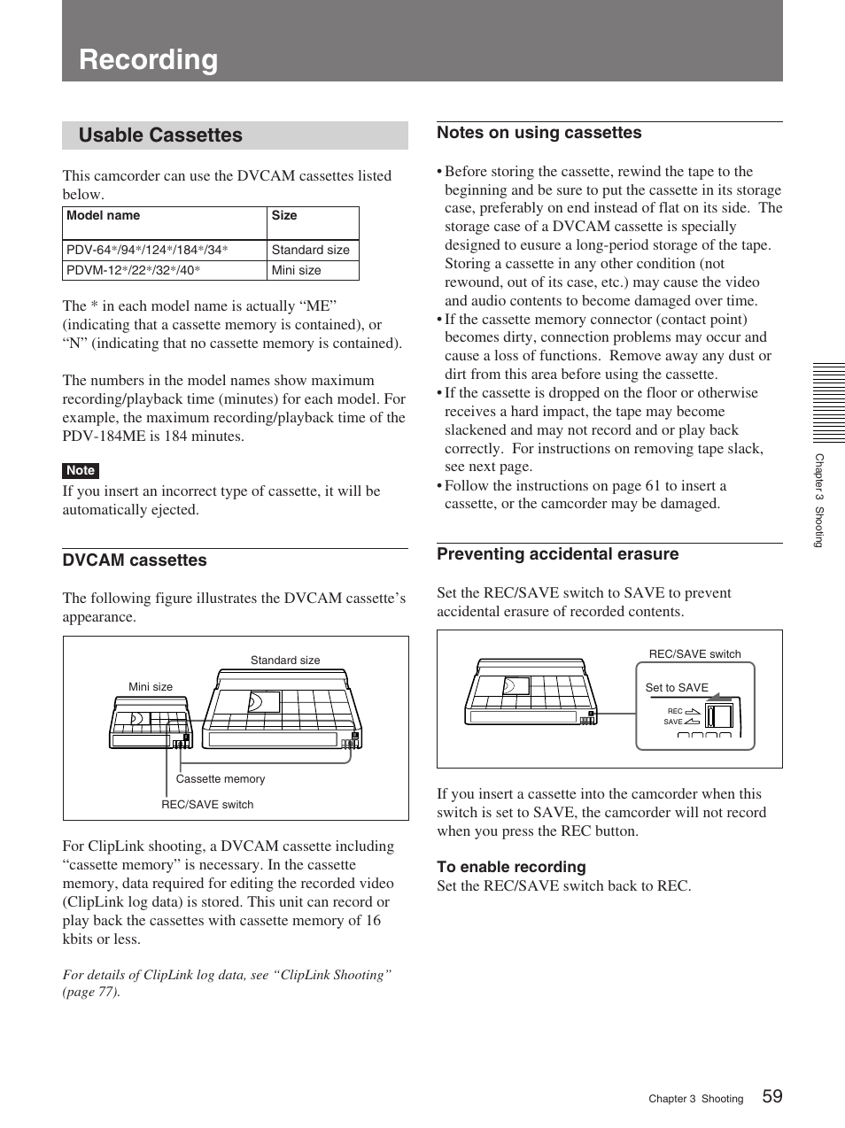 Recording, Usable cassettes | Sony 370PL User Manual | Page 59 / 160