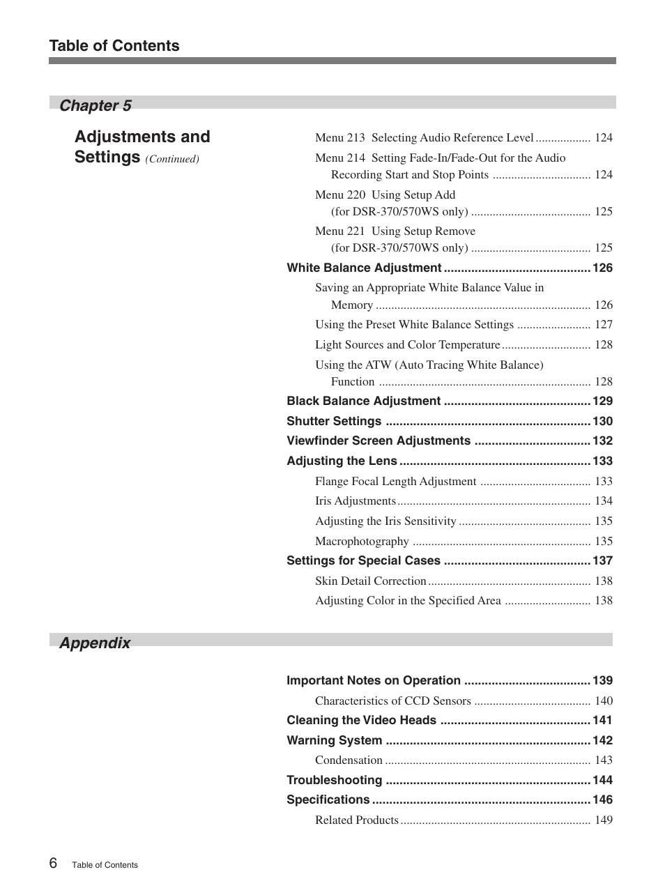 Adjustments and settings, Table of contents appendix chapter 5 | Sony 370PL User Manual | Page 6 / 160