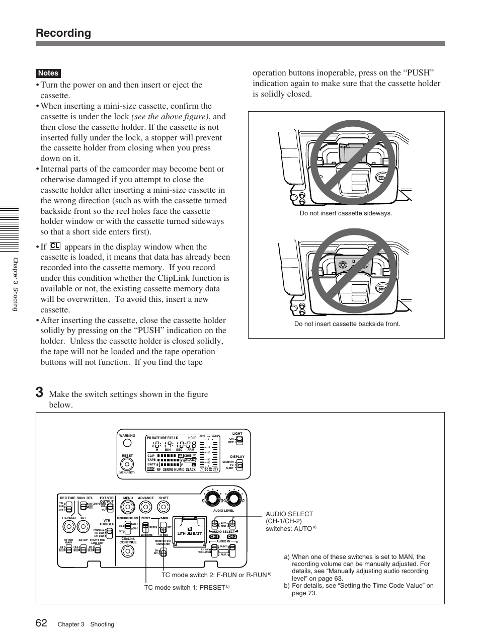 Recording, Make the switch settings shown in the figure below, Chapter 3 shooting | Tc mode switch 1: preset, Audio select (ch-1/ch-2) switches: auto | Sony 370PL User Manual | Page 62 / 160