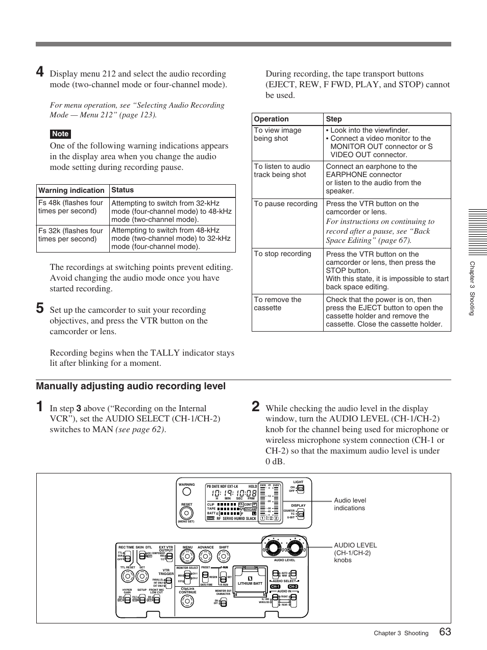 Manually adjusting audio recording level, Chapter 3 shooting | Sony 370PL User Manual | Page 63 / 160