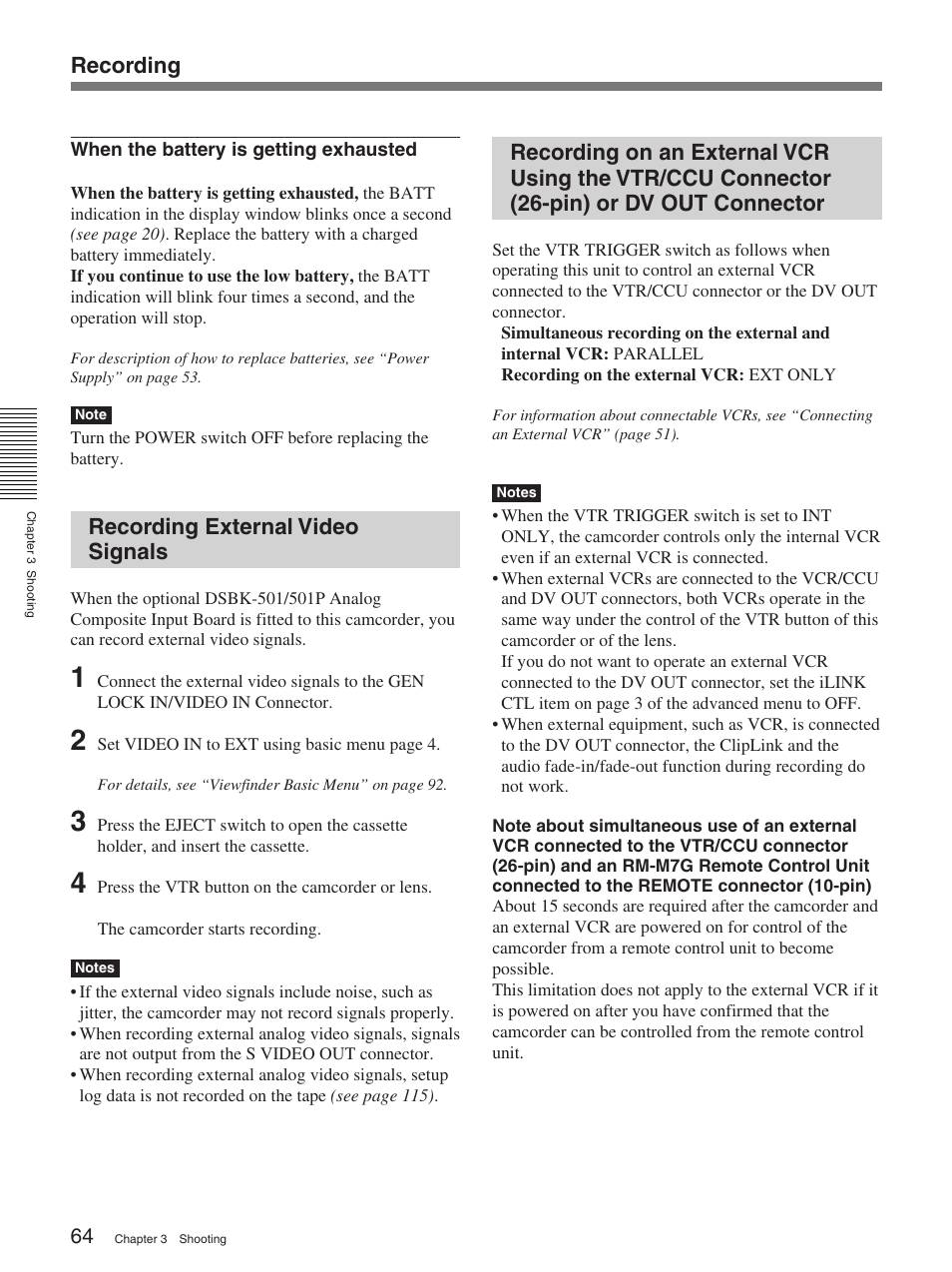 Recording external video signals, Recording | Sony 370PL User Manual | Page 64 / 160