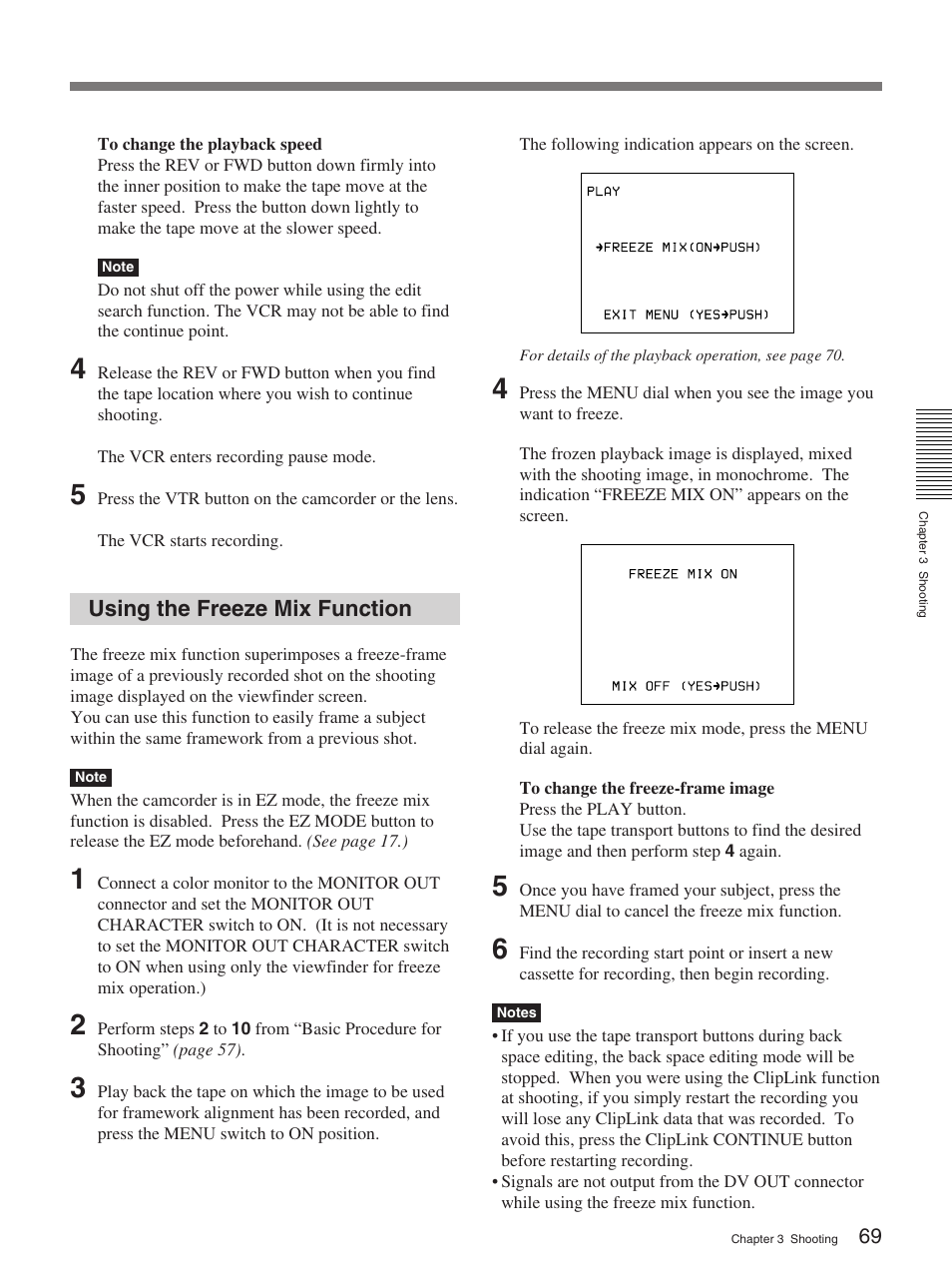 Using the freeze mix function | Sony 370PL User Manual | Page 69 / 160