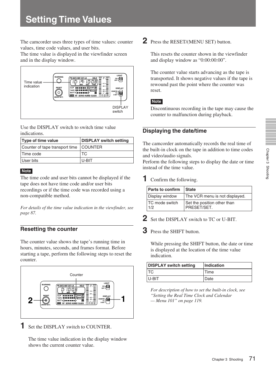 Setting time values, Displaying the date/time, Resetting the counter | Confirm the following, Set the display switch to tc or u-bit | Sony 370PL User Manual | Page 71 / 160